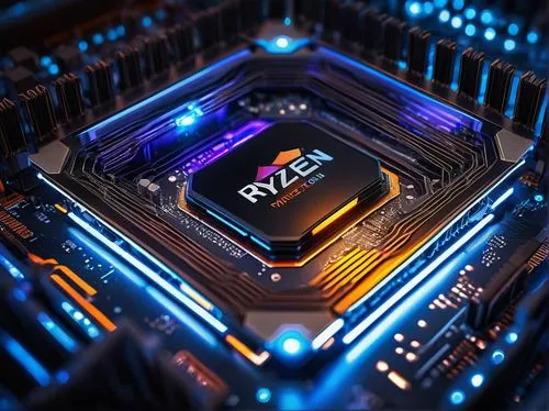 AMD Ryzen 9 processor, futuristic motherboard, sleek metallic design, intricate circuit patterns, CPU cooler with glowing blue LED lights, high-tech laboratory setting, dim ambient lighting, shallow d