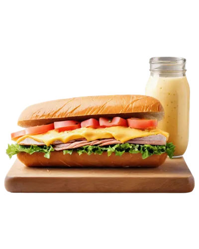 Sub sandwich, freshly made, cut in half, crispy baguette, juicy turkey breast, melted cheddar cheese, lettuce, tomato, mayonnaise, pickles, sesame seeds, wooden cutting board, rustic kitchen, warm lig