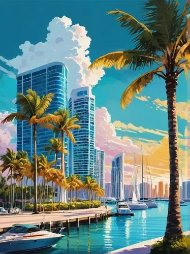 Miami coastal cityscape, modern architectural buildings, sleek glass skyscrapers, luxurious high-rise condos, palm trees lining the streets, vibrant pastel-colored Art Deco buildings, warm golden ligh