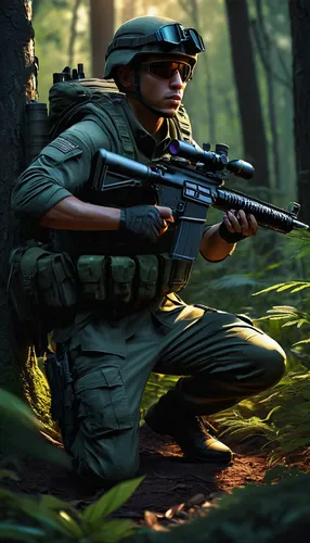 soldier, best cayo weapon loadout, assault rifle, sniper rifle, camouflage pattern, tactical gear, bulletproof vest, combat boots, night vision goggles, forest environment, stealth pose, kneeling, aim