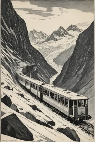 bernina railway,glacier express,matterhorn-gotthard-bahn,schynige platte railway,bernina pass,bernina,grossglockner,zugspitzbahn,flåm,gornergratbahn,the pitztal glacier,trollstigen,titlis,grosser aletsch glacier,the selketal railway,geiranger,private railway,passenger train,great aletsch glacier,stelvio,Illustration,Black and White,Black and White 23