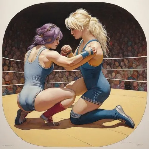 folk wrestling,combat sport,striking combat sports,wrestler,mma,wrestling,pankration,wrestle,boxing ring,woman pointing,wrestlers,oil on canvas,boxing gloves,ufc,catch wrestling,carol colman,the hand of the boxer,arm wrestling,lucha libre,knockout punch,Illustration,Realistic Fantasy,Realistic Fantasy 05