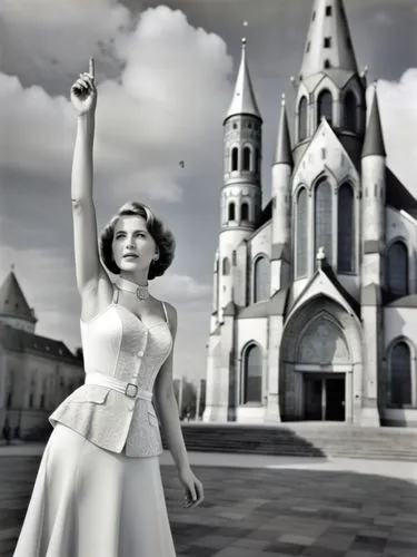 B&W photo: Ms. Eva H. in front of the Kaiser Wilhelm Memorial Church in Berlin.,woman in dress holding up an object over head,derivable,church faith,moskvina,dreamfall,mediatrix,worshiper,Photography,