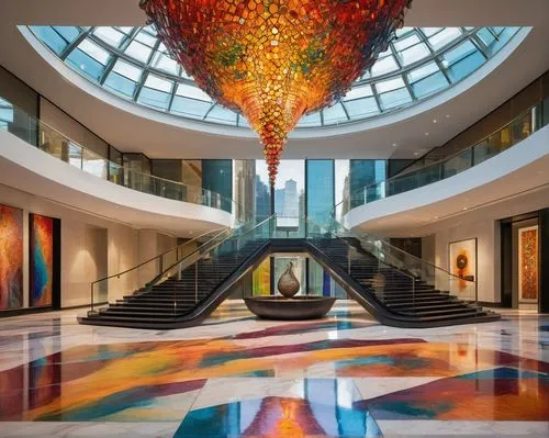 atrium,colorful glass,galleria,atriums,hall of nations,art gallery,lobby,kaleidoscape,foyer,vmfa,fidm,borgata,futuristic art museum,benaroya,kaleidoscope art,titanum,glass pyramid,kaleidoscope website,terrazzo,emporium,Illustration,Paper based,Paper Based 26