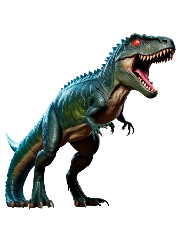 T-Rex, green scaly skin, sharp teeth, glowing red eyes, powerful legs, muscular tail, standing pose, roaring action, detailed texture, shiny scales, warm lighting, cinematic composition, shallow depth