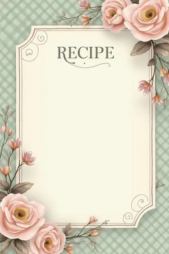 Create vintage-inspired recipe cards with soft sage, blush pink, and creamy white accents.,a white and green frame with pink flowers,recipe book,recipeswap,recipes,repertories,cooking book cover,cookb