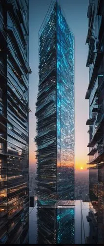 Modern futuristic skyscraper, sleek glass façade, metallic accents, intricate network of wires, servers, motherboards, neon lights, holographic displays, virtual reality interfaces, minimalist interio