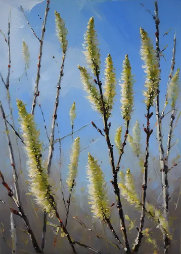 Describe the graceful swaying of catkins in a gentle breeze.,willow catkin,catkins,catkin,hazel alder,pollarded willow,ocotillo,cherry branches,grey alder,salix mount aso,leafy phase ocotillo,larch tr