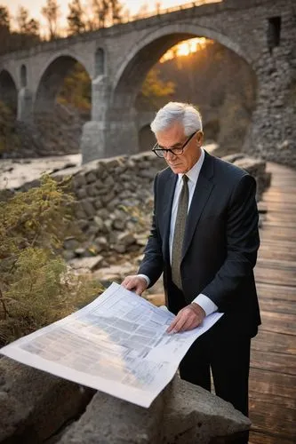 Stanley Tigerman, mature architect, bespectacled, gray hair, black suit, white shirt, tie, holding blueprints, standing, designing bridges, architectural memoirs, old bridge ruins, worn stone walls, m