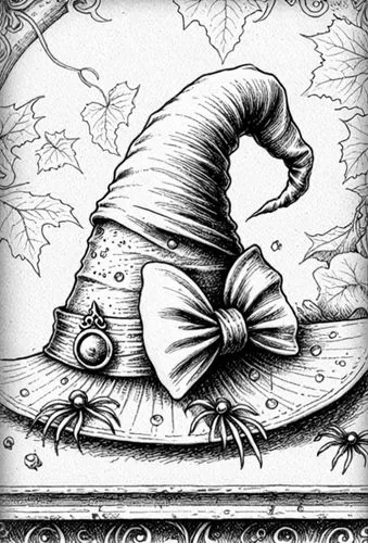 : Design Sketch-Rough Outline ,a black and white drawing of a wizard's hat,woodring,crinoline,tenniel,diterlizzi,hand-drawn illustration,coloring page,Design Sketch,Design Sketch,Detailed Outline