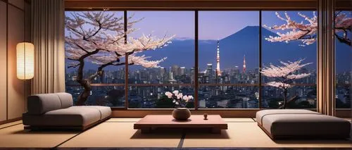 japan's three great night views,japanese-style room,sky apartment,beautiful japan,ryokan,japon,asian architecture,japan landscape,japanese background,window view,japanese mountains,sky tree,tokyo,livingroom,bedroom window,amanresorts,shangri,ikebana,living room,apartment lounge,Illustration,Japanese style,Japanese Style 09