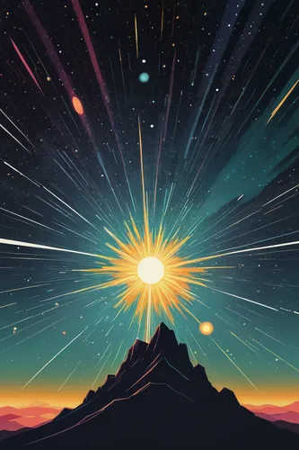 sunburst background,space art,mountain sunrise,star illustration,runaway star,colorful star scatters,falling star,meteor,falling stars,star sky,star winds,the star of bethlehem,star-of-bethlehem,starscape,northen light,astronomy,asterales,scene cosmic,christ star,supernova,Illustration,Japanese style,Japanese Style 08