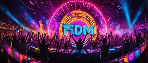 Glowing neon logo, EDM festival, futuristic, DJ booth, strobe lights, fog machines, crowded dance floor, raised hands, confetti explosion, speakers, vinyl records, sound waves, bass drops, vibrant col