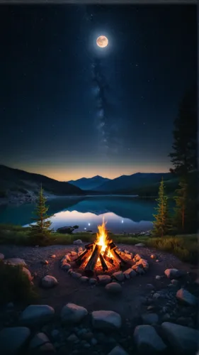 Um lindo céu estrelado com uma linda lua,campfire,meteor rideau,campfires,cd cover,meteor shower,meteor,camp fire,landscape background,perseid,the night of kupala,firepit,night scene,perseids,camping,