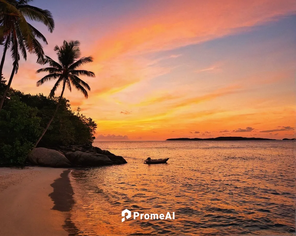 Describe a romantic setting at sunset on a tropical island.,seychelles,praslin,fiji,caribbean,phu quoc island,kohphangan,the caribbean,tropical beach,caribbean beach,sunrise beach,veligandu island,phi