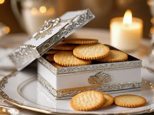 Luxurious Puttin Ritz Cracker, golden brown crackers, delicate crumbs, creamy white filling, ornate decorative box, silver foil wrapping, luxurious dessert table setting, soft focus background, warm a