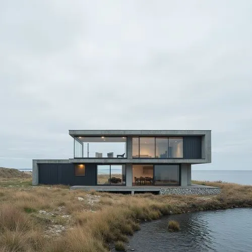 on the sea,the house is on top of a hill overlooking the ocean,dunes house,house by the water,cubic house,floating huts,snohetta,cantilevered