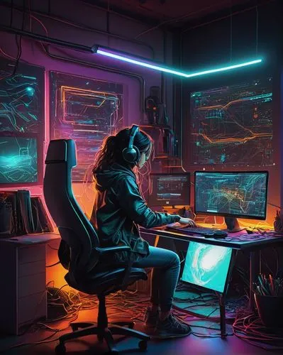 cyberpunk,man with a computer,computer room,cybersurfers,cybersurfing,cyberscene,girl at the computer,cyberpatrol,computer graphic,night administrator,cybertrader,computer,computer addiction,computer freak,computer art,cyber,computerologist,computer game,cyberspace,computer workstation,Illustration,Realistic Fantasy,Realistic Fantasy 23