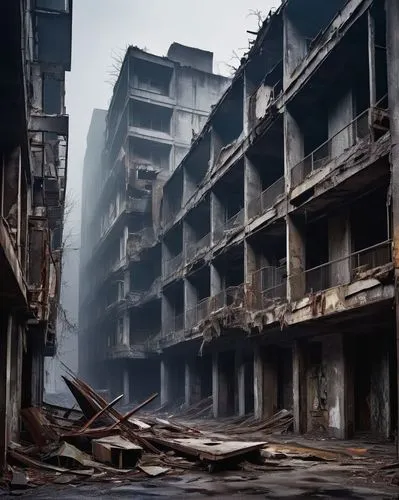 kowloon city,hashima,destroyed city,scampia,gunkanjima,homs,ashrafiyeh,aleppo,shatila,ashrafieh,achrafieh,kurilsk,norilsk,post-apocalyptic landscape,grozny,post apocalyptic,destroyed area,dereliction,ballymun,ezzor,Conceptual Art,Oil color,Oil Color 09