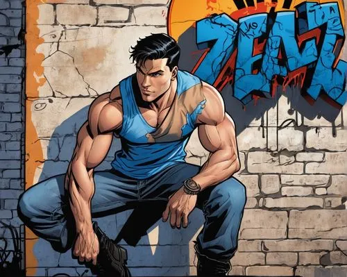 dean razorback,muscle man,wall,jeans background,comic book,panel beater,steel man,wolverine,muscle icon,comic style,scrap dealer,biceps,comic character,beat,deadlift,rex,comic hero,dead bolt,sleeveless shirt,male character,Illustration,American Style,American Style 13