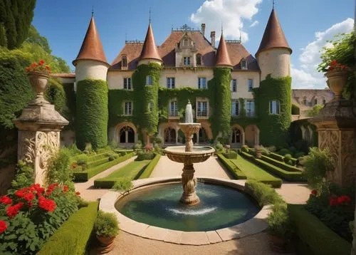 French Chateau, medieval style, grandiose, stone walls, stained glass windows, pointed towers, red terracotta roofs, lush green vines crawling up walls, intricate carvings, ornate doorways, fountain i