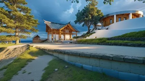 a building sits on top of a hill,holiday villa,bunyodkor,punakha,asian architecture,loikaw,lumbini,trongsa,traditional house,ranikhet,chalet,bhutan,chorten,bumthang,norbulingka,house with lake,dunes h