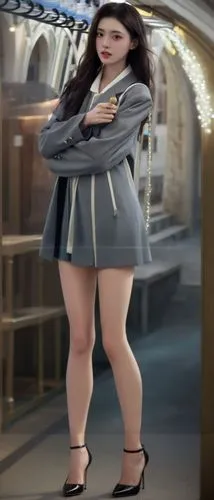 穿高跟鞋，双腿并拢直立，双腿不交叉,a beautiful young woman in a gray dress posing for the camera,thighpaulsandra,lenderman,szewczenko,szewczyk,jiggly,bobinska