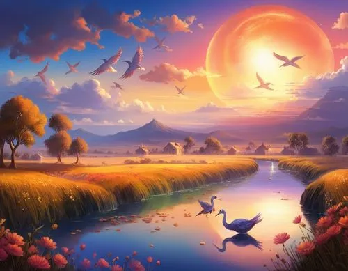 a painting shows two geese on a field near a lake,fantasy landscape,fantasy picture,fairy world,landscape background,nature background,bird kingdom,Illustration,Realistic Fantasy,Realistic Fantasy 01