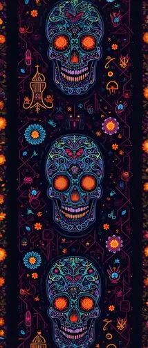 two skulls and flowers with different colors and sizes,tapestry,sugar skull,bandana background,sugar skulls,day of the dead frame,day of the dead icons