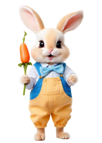 Cartoon rabbit, white fur, cute face, pink nose, big round eyes, fluffy ears, yellow bow tie, blue overalls, holding carrot, standing on hind legs, adorable expression, soft focus, pastel color tone, 