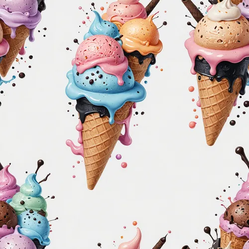 Sweet black ink illustrations filled with impressive digital coloring of ice cream scattered in medium density on a white background in cheerful pastel shades,ice cream icons,ice cream cones,kawaii ic