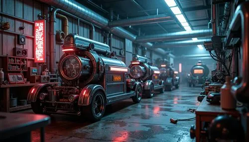 Metallic surfaces, neon-lit workshop, futuristic machinery, industrial pipes, steam punk-inspired gadgets, sleek alloy frames, iridescent paint finishes, holographic displays, LED strip lighting, dark