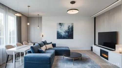 Modern interior design of the living room in light gray and blue tones.The floor is tiled with white marble with brown flecks. The wall behind the sofa is plastered. With 3D wall panels behind the TV,