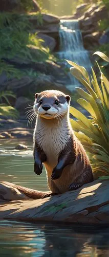 Playful otter, fearless, swimming, riverbank, sunlight, greenery surroundings, water plants, few rocks, gentle stream, shallow water, otter's whiskers, shiny fur, cute eyes, nose twitching, playful pa