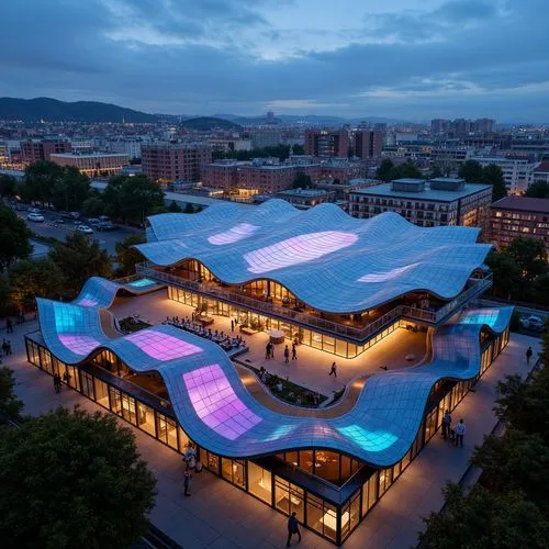 Vibrant concert house, dynamic roofline, undulating curves, metallic cladding, translucent canopies, LED lighting installations, geometric patterns, futuristic architecture, angular lines, minimalist 