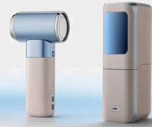 高级感,a picture of an electric device in blue and white,ophthalmoscope,spirometer,handheld electric megaphone,laryngoscopy,hairdryers,breathalyzers,Photography,General,Realistic