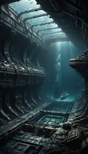 sulaco,atlantis,subterranea,undock,waterworld,undersea,nostromo,deep sea,barotrauma,mining facility,aquaculture,sunken ship,cardassia,nautilus,underwater landscape,labyrinthian,subterranean,midwater,sunken boat,beneath,Conceptual Art,Fantasy,Fantasy 33