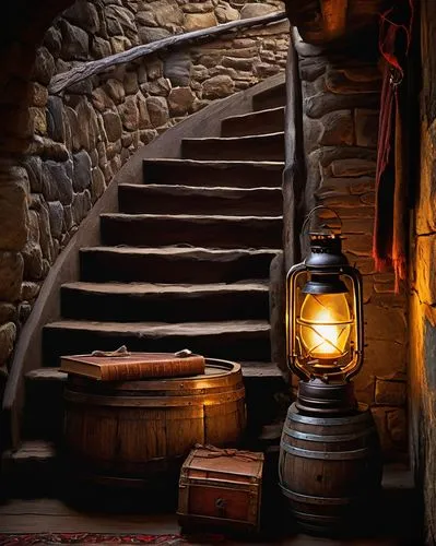 Rustic wooden crate, old worn-out barrel, dimly lit interior, mysterious atmosphere, warm golden lighting, vintage metal lanterns, stone walls, old wooden planks, cozy nooks, curved staircases, ornate