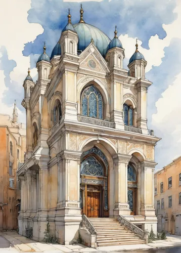 Describe a beautiful synagogue standing tall with elegant architecture.,church painting,trinità dei monti,siracusa,chiesa di sant' ignazio di loyola,monastery of santa maria delle grazie,basilica,piaz