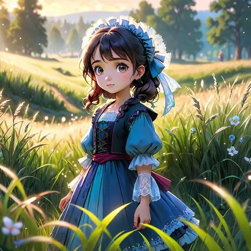 country dress,hanbok,dirndl,meadow,girl in the garden,princess anna,longmei,on the grass,in the field,belle,esmeralda,field of flowers,sylvania,in the tall grass,meadow play,little girl in wind,girl in flowers,girl picking flowers,springtime background,countryside,Anime,Anime,Cartoon