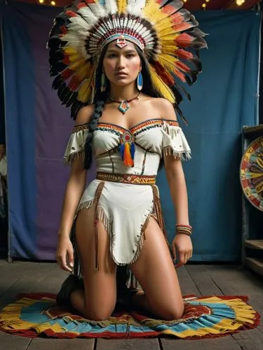 Beautiful, ultra-realistic colour photo of the chief's daughter Pocahontas from a fairground show, with bearskin clothing.,a woman in native dress sits on a rug,american indian,amerindian,native ameri