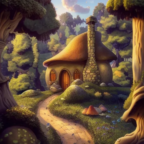 mushroom house with stone chimney,fairy house,mushroom landscape,fairy village,hobbiton,house in the forest,little house,fairy chimney,home landscape,thatched cottage,round hut,witch's house,fantasy l