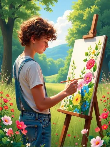 flower painting,girl picking flowers,girl in flowers,italian painter,painting technique,painter