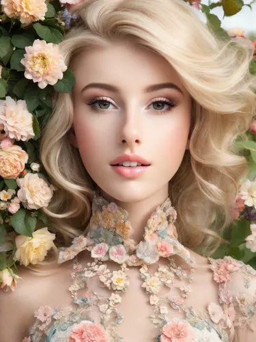 blonde, feminine, floral, pretty, fashion shoot, outdoor, avant garde, imaginative, colourful,beautiful girl with flowers,vintage floral,peach rose,wild roses,floral background,girl in flowers,realdol