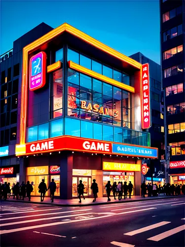 Commercial building, modern architecture, glass facade, steel frame, neon signs, evening scene, cityscape background, busy streets, blurred pedestrians, 3/4 composition, low-angle shot, dramatic light