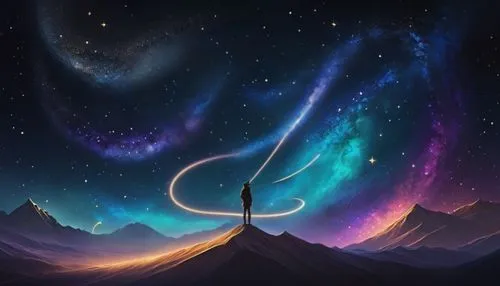 Show ltter A & Z,a man looking at a sky filled with stars,unicorn background