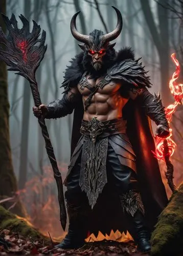 Muscular man, bugbear warlock, powerful posture, sharp horns, glowing red eyes, intricate tribal tattoos, dark brown fur, razor-sharp claws, ripped black leather pants, tattered crimson cape, holding 