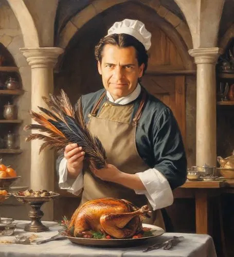 A happy Renaissance court chef proudly holds a roast pheasant decorated with feathers on a platter. In the background: a medieval kitchen with crockery and many cooked dishes. Style: oil painting by D