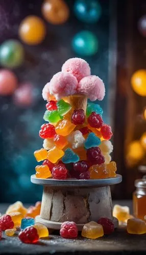 candy floss, gummy bear, sweet tower, popsicle, jam, honey jar, ice cream, all mutant mixed in a plasma way, cinematic,candied fruit,dolly mixture,mystic light food photography,candy cauldron,candies,