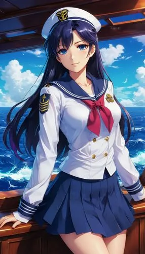 A beautiful sailor with long dark hair loose, in costume was relaxing on a ship on the high seas. She wears a sailor uniform, consisting of a medium blue skirt, navy blue shirt and white sailor's over